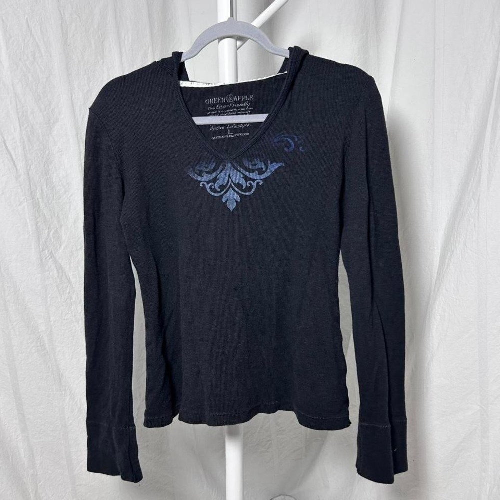 Green Apple Women's Lg V Neck Waffle Thermal Hoodie Shirt Graphic Organic Bamboo